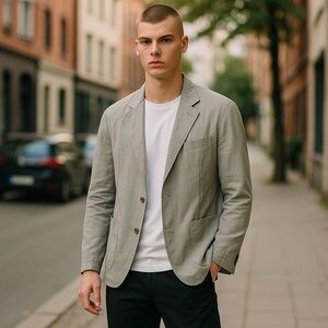 j crew mens blazer jacket size L & tie cotton blend light gray blue bran…